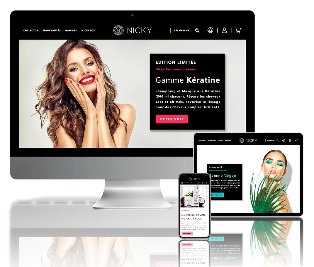 Conception site e-commerce Prestashop de la marque de cosmétique Nicky Paris en version PC, tablette et mobile.