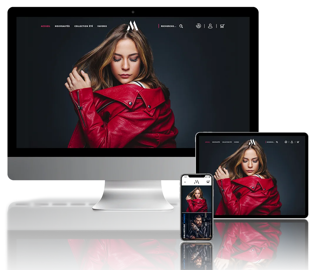 Conception de site ecommerce en veste cuir pour Madison en version PC, tablette et mobile.