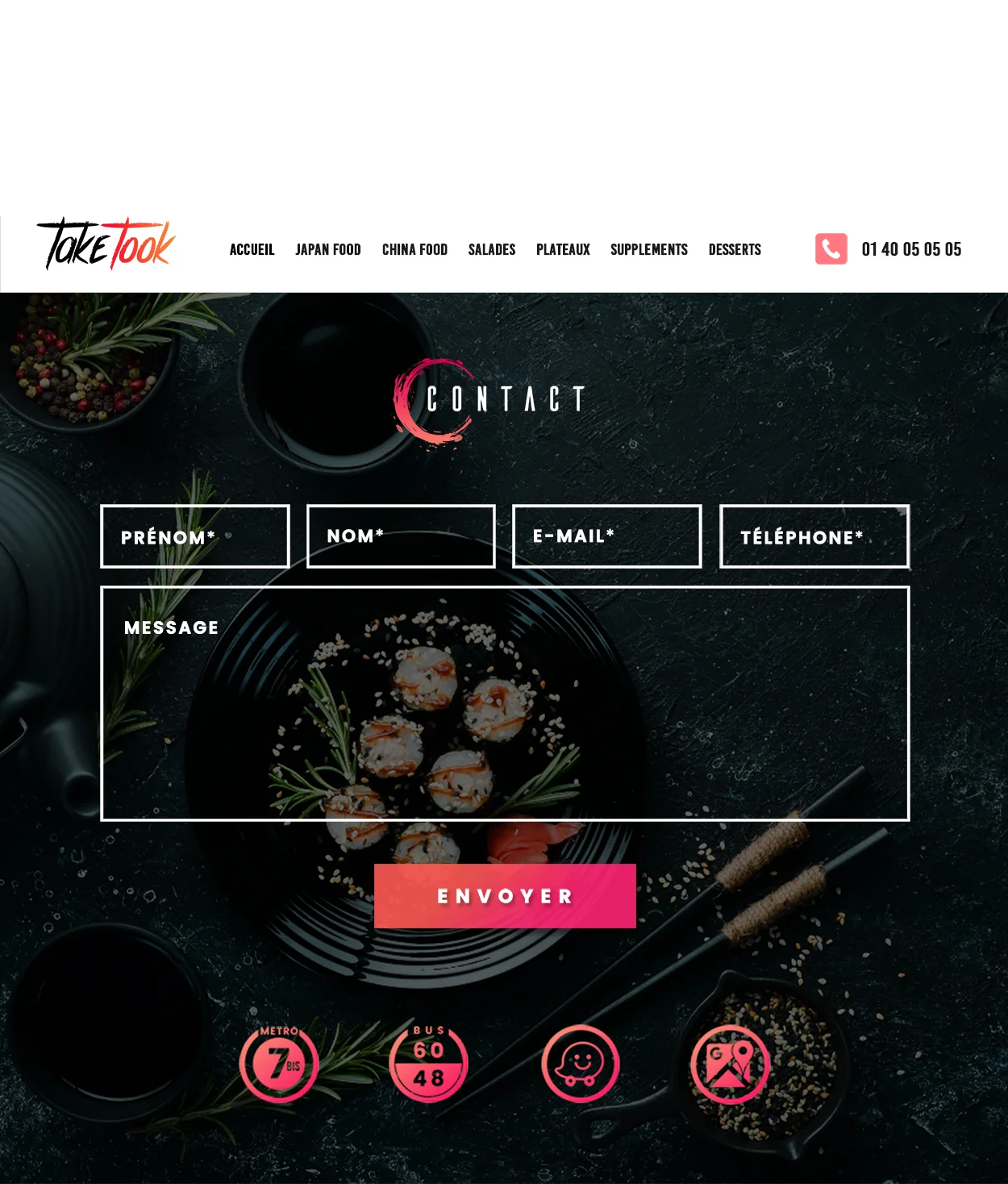 Aperçu de la page Contact du restaurant Japonais Taketook réalisé par Nev Interactive.